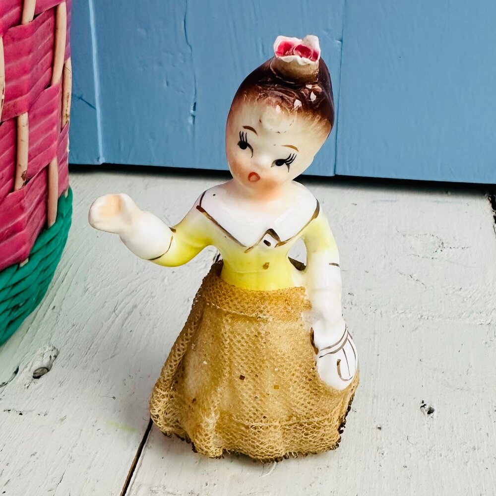 Vintage Japan Porcelain Lady Figurine Lace Skirt Glitter Dress Mid Century